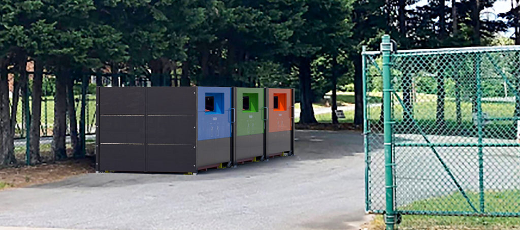 Black Dumpster recycling centre - Blue, red, green RecycleRight Graphics for trash, Community recycling in a park