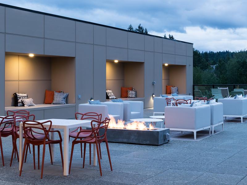 Outdoor seating of Bell Marymoor Park, a 222-unit property in Redmond, Wash. Image courtesy of Bell Partners