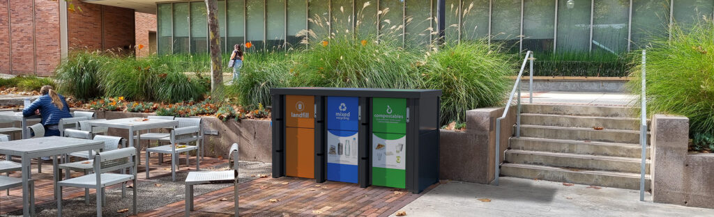 Dedicated trash and recycling bin stores for reducing recycling contamination